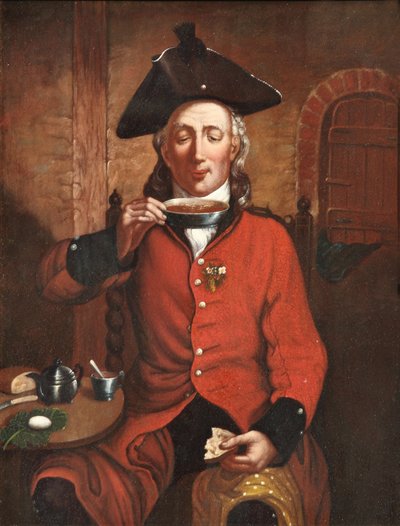 A Chelsea Pensioner sipping tea out of a saucer by Michael William Sharp